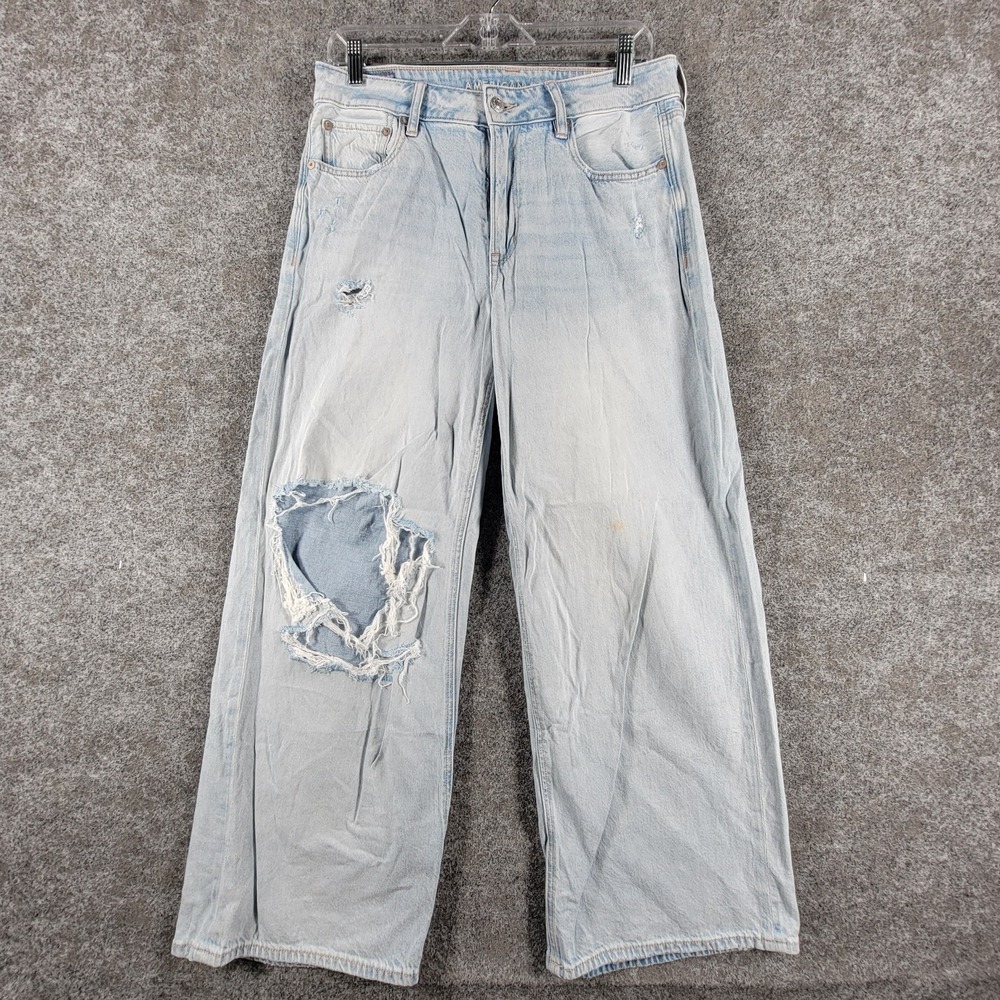 American Eagle Super High Rise Baggy Wide Leg Jeans Womens 6R Blue Distressed